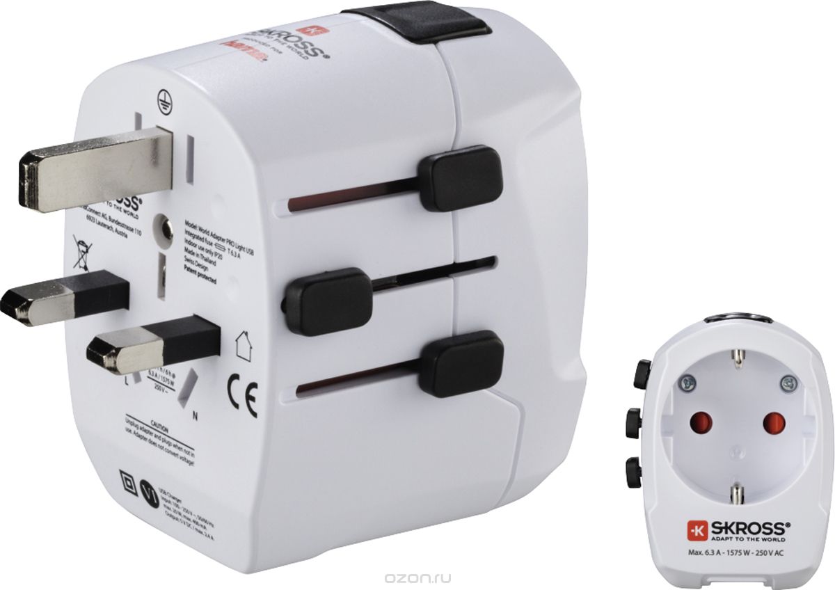 Hama 128229, White сетевой адаптер "World PRO Light USB", 3 pins
